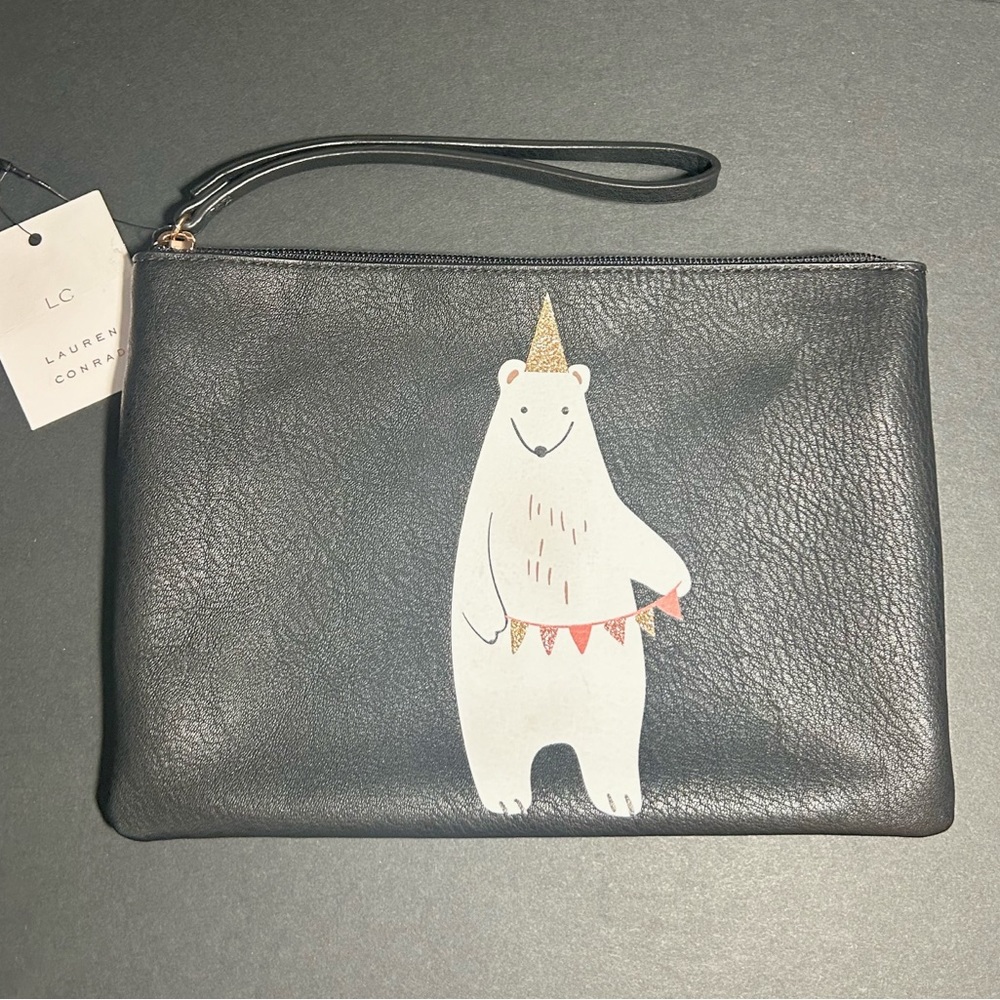 LC Lauren Conrad Black Wristlet Clutch with Bear Print